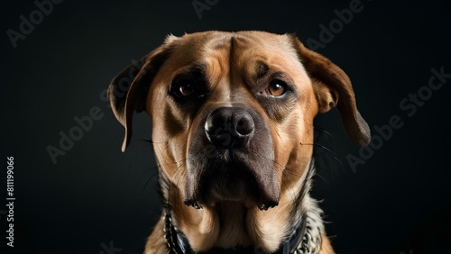 Angry dog with Furrowed brows, sharp gaze, mouth possibly tightly closed. A dog with a black nose and brown eyes is staring at the camera. The dog is wearing a collar and he is a mutt © Tri