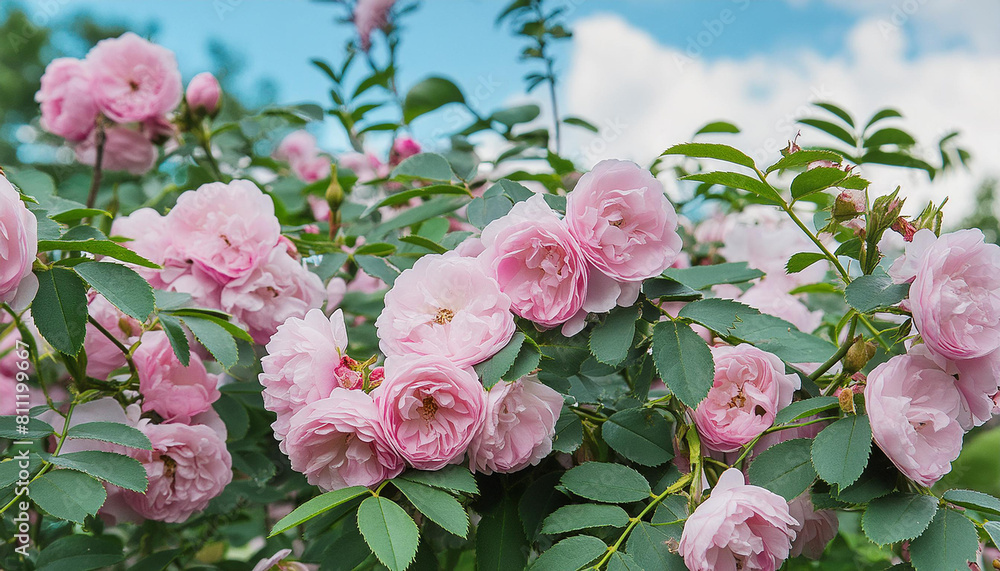 Fototapeta Rosa damascena, known as the Damask rose - pink, oil-bearing, flowering, deciduous shrub plant. Balley of Roses