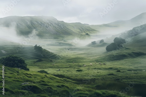 Fog blankets a mountain valley where sheep are grazing peacefully in the distance, A foggy moor with rolling hills and grazing wildlife photo