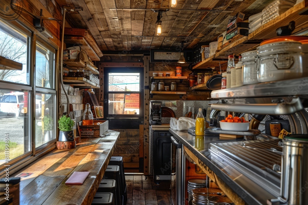 Kitchen with ample counter space bathed in natural light from window, A food truck with a rustic, farmhouse-inspired aesthetic, offering up hearty, homestyle meals