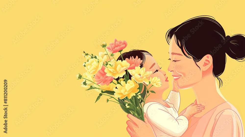 The daughter congratulates her mother on Mother's Day and gives her a bouquet of flowers. Beige background. Copy space. Banner design. The daughter congratulates her mother on Mother's Day and gives her a bouquet of flowers. Beige background. Copy space. Banner design.