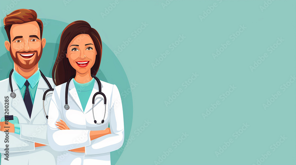 Two happy confident young doctors, a man and a woman in white coats and with a stethoscope on a light blue background. Banner design. Copy space. Two happy confident young doctors, a man and a woman in white coats and with a stethoscope on a light blue background. Banner design. Copy space.