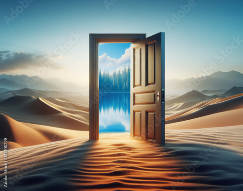 Open door to the new landscape world, green nature environment against desert background. Earth climate balance problem, ecology crisis, decision