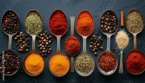 Various spices, herbs, and seasonings adorn a countertop alongside seven spoons, showcasing culinary diversity with black peppercorns, chili powder, and cinnamon sticks.