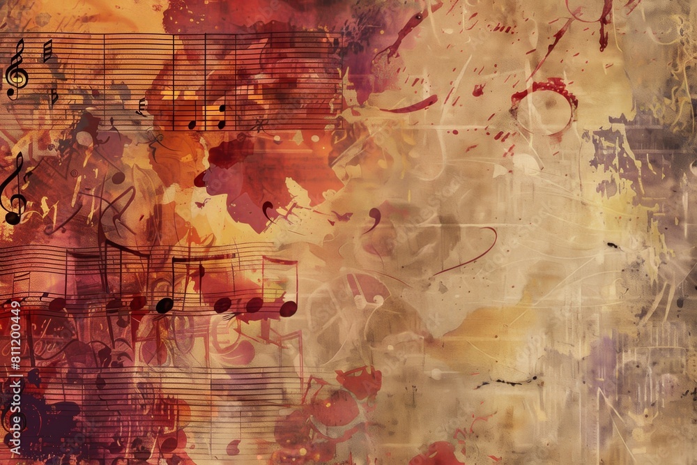 Naklejka premium A vibrant painting adorned with intricate music notes, forming a mesmerizing melody on canvas. Musical scores and instruments blend seamlessly in the composition. Generative AI