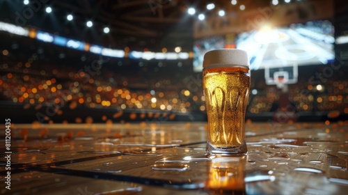 A close up of a glass of beer on a basketball court with the lights on and nobody around. photo