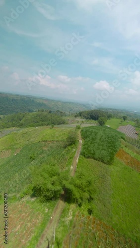 drone video of hills with few trees, the drone moves forward and dives down and the camera faces straight ahead
