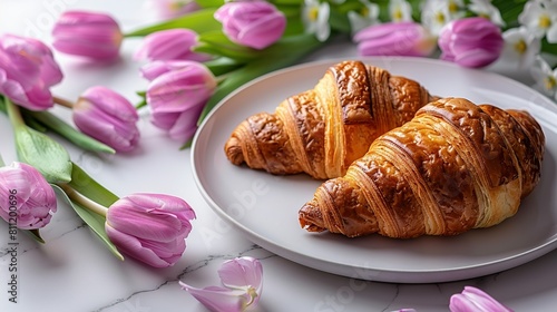  A couple of croissants sit atop a white plate with pink flowers in the background