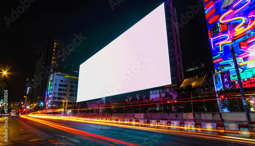 Neon-lit city scene behind a vivid white billboard  vibrant for night-time advertisements.