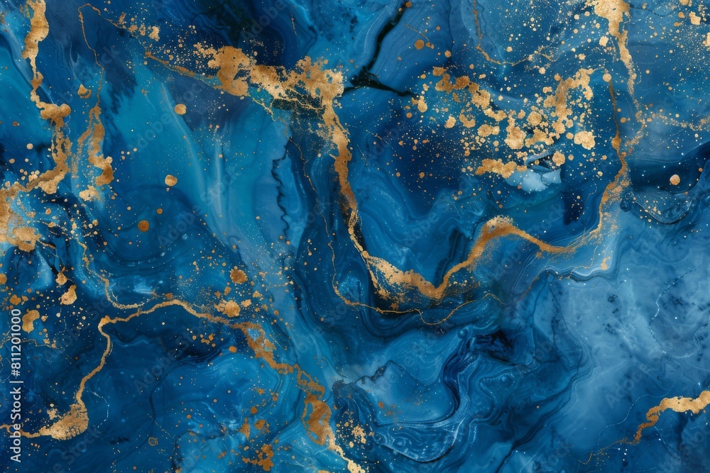 Naklejka premium Abstract blue swirl texture with golden accents, luxurious blue backdrop