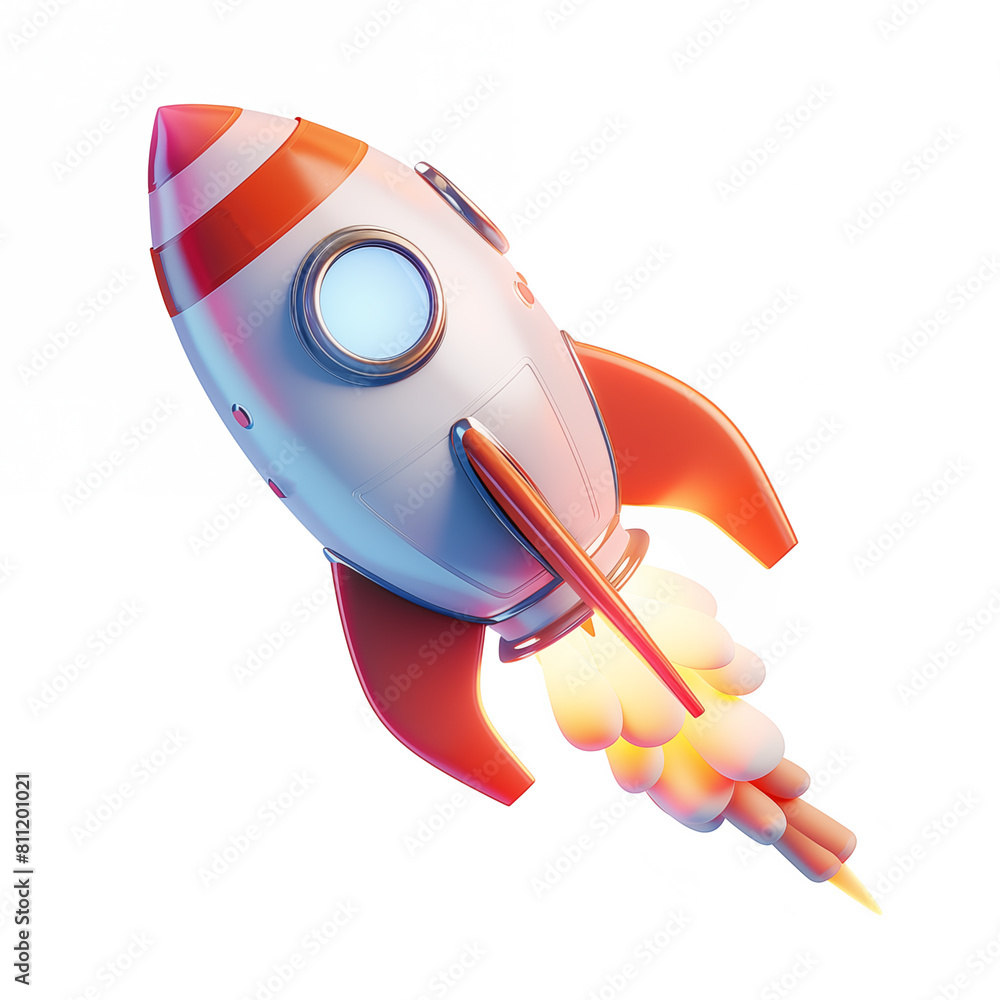 Rocket taking off, isolated 3d object on white background