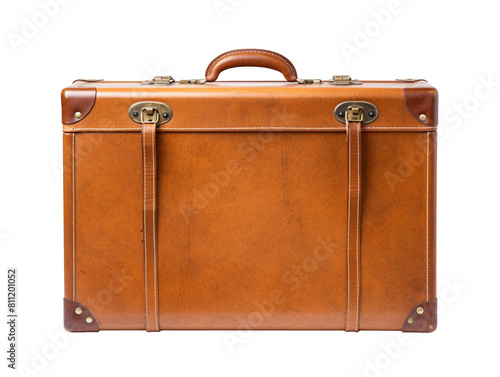 Old brown leather suitcase isolated on transparent background