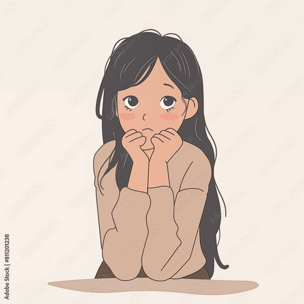 Sad teenage girl, young woman, resting her chin on her hands, thinking, looking frustrated, flat cartoon illustration Sad teenage girl, young woman, resting her chin on her hands, thinking, looking frustrated, flat cartoon illustration