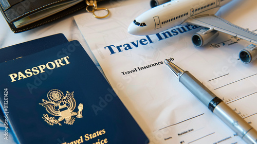 passport and flight tickets with travel insurance contract