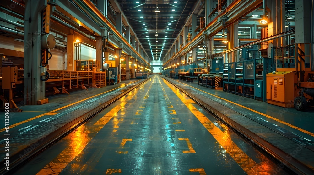 Expansive Industrial Interior with Rows of Machinery and Equipment in a Modern Factory Warehouse Setting