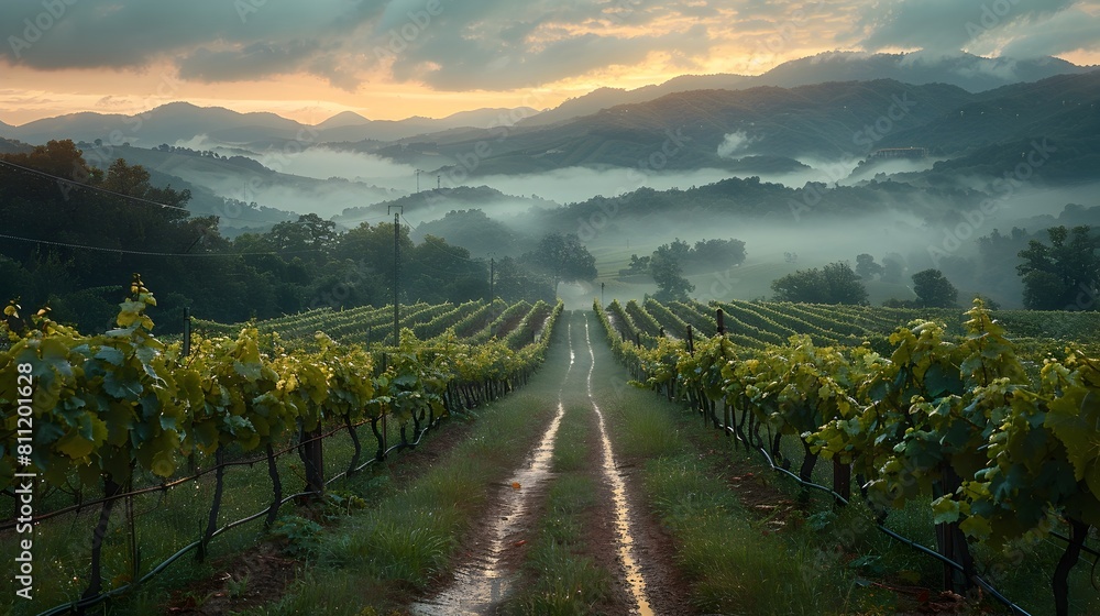 Breathtaking Landscape of Sunlit Vineyards Nestled Among Majestic Mountains at Dusk