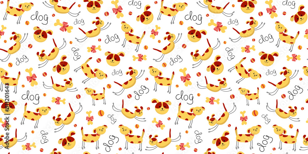 Pattern of cartoon animals, pets, dogs in different poses. Set cute puppies. Hand lettering. Vector seamless background. Pattern of cartoon animals, pets, dogs in different poses. Set cute puppies. Hand lettering. Vector seamless background.