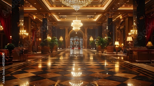 Stunningly ornate and lavish lobby of a luxurious historic hotel with grandiose architecture and photo