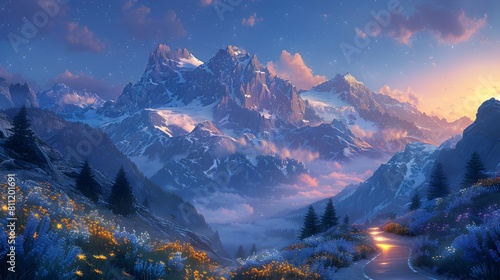 Breathtaking Snowy Mountain Landscape with Glowing Sunset Sky and Serene Frozen Lake