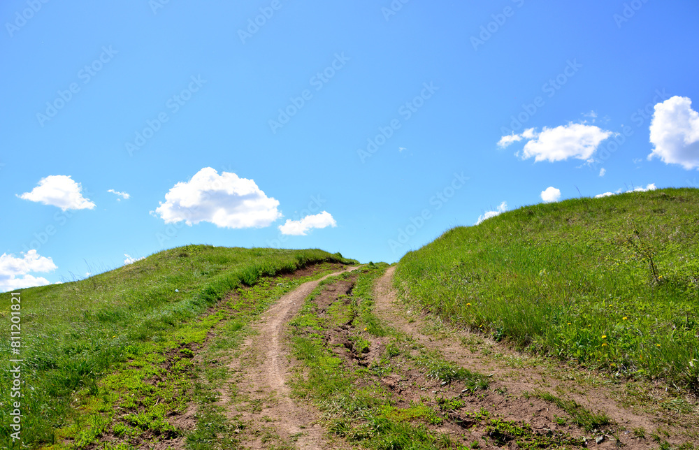 Naklejka premium a green hill with a dirt road and a few clouds in the sky copy space