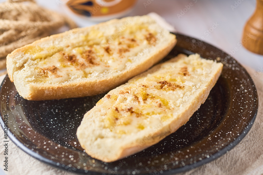 Molletes dulces, bolillo with butter and sugar. Traditional mexican food Molletes dulces, bolillo with butter and sugar. Traditional mexican food