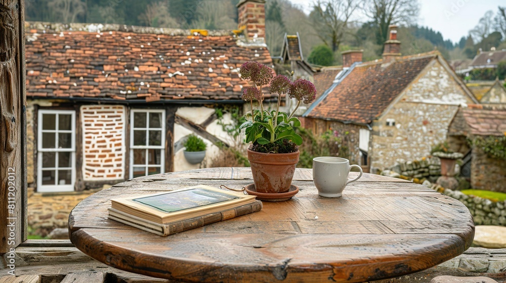 A potted plant sits atop a table, accompanied by a book, and overlooks a village scene A potted plant sits atop a table, accompanied by a book, and overlooks a village scene