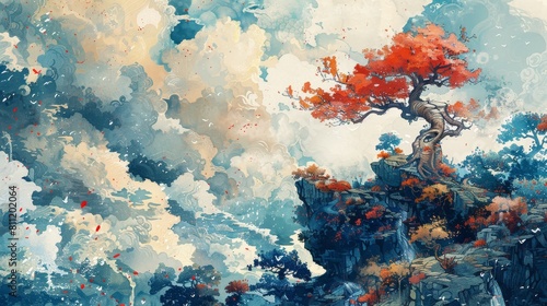 The image is a watercolor painting of a lonely tree on a cliff. The sky is cloudy and the sea is rough. The tree is red and stands out against the rest of the painting.