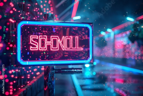 A neon sign with the word school glowing brightly in the night, A futuristic and technologically advanced school zone sign with holographic elements © Iftikhar alam