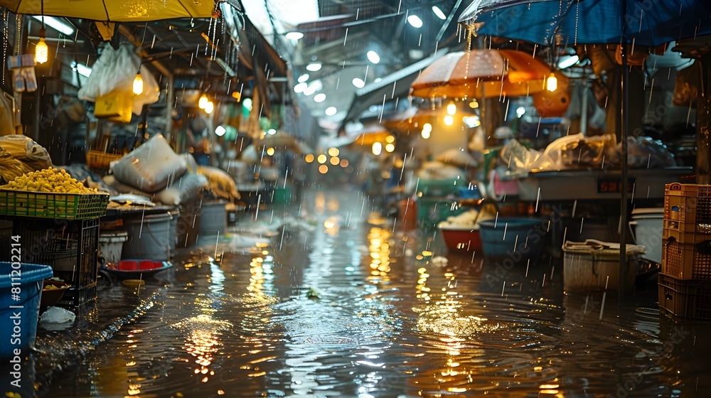 Crowded Asian Market During a Rainy Day with Vendors and Shoppers Seeking Shelter Under Umbrellas