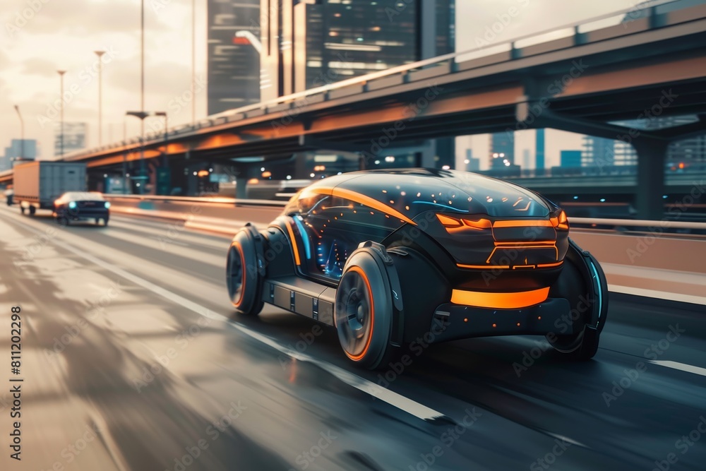 Fototapeta premium A futuristic autonomous car smoothly navigating a crowded city street with efficiency, A futuristic autonomous vehicle navigating a busy highway