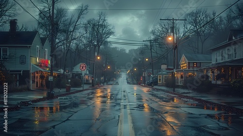 Moody rainy urban street scene with reflections in the wet asphalt road and storefront windows on a gloomy,cloudy night