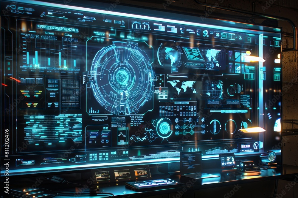 A large display of electronic devices illuminates a dark room with a futuristic glow, A futuristic blackboard display with holographic projections and digital data streaming across the screen A large display of electronic devices illuminates a dark room with a futuristic glow, A futuristic blackboard display with holographic projections and digital data streaming across the screen
