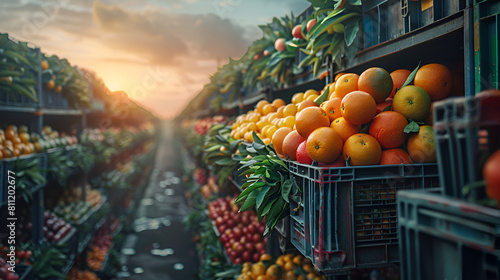 Orange Fruit and food distribution tropical fruit, Truck loaded with containers reefer control to be shipped to the market By Generative Ai 