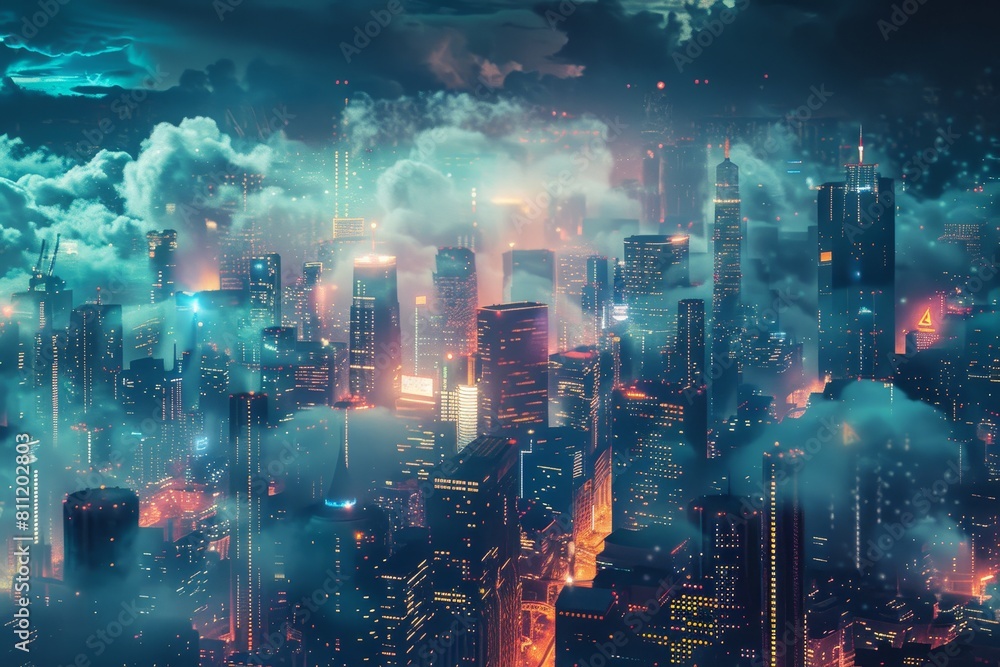 A large city with numerous towering buildings and a futuristic skyline illuminated with soft glow, A futuristic cityscape illuminated by the soft glow of data clouds