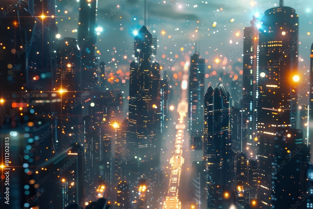A cityscape filled with bright lights and futuristic buildings, creating a vibrant and dynamic scene, A futuristic cityscape illuminated by twinkling stars A cityscape filled with bright lights and futuristic buildings, creating a vibrant and dynamic scene, A futuristic cityscape illuminated by twinkling stars