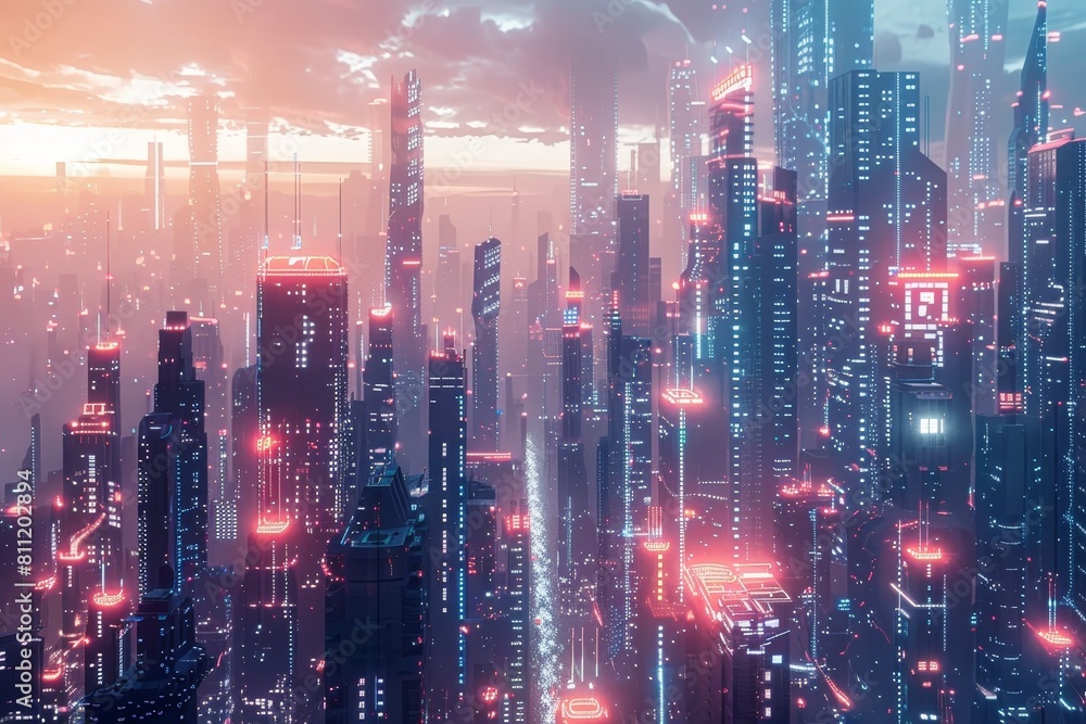 Fototapeta premium A bustling city filled with skyscrapers glowing with neon lights, displaying a futuristic aesthetic, A futuristic cityscape inspired by a tech company's vision of the future
