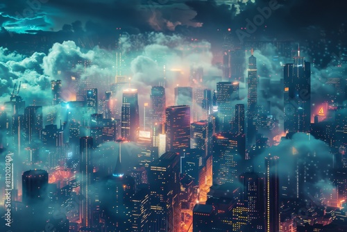 A large city with numerous towering buildings and a futuristic skyline illuminated with soft glow, A futuristic cityscape illuminated by the soft glow of data clouds © Iftikhar alam
