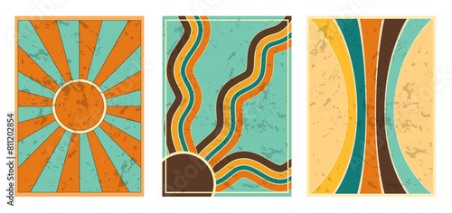 Set of Abstract Retro Groovy Backgrounds, Colorful, Grunge Texture Vintage Art, 70s, 60s, Cartoon Poster, Vector Illustration