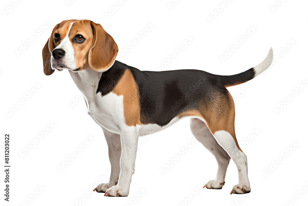 A cute beagle is standing and looking forward with a tilt of the head, it has brown, white, and black patches of fur.
