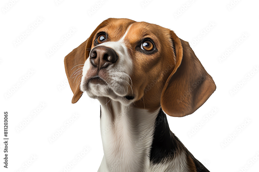 A cute beagle looking up with a hopeful expression on its face.