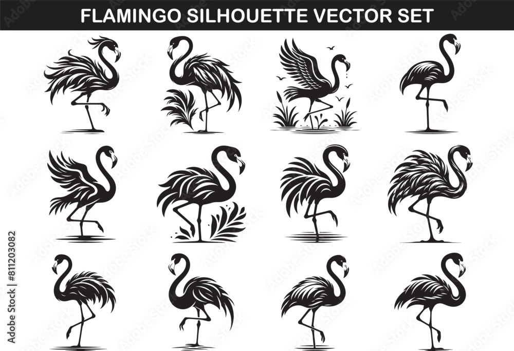 Obraz premium Flamingo Silhouette Vector Illustration set