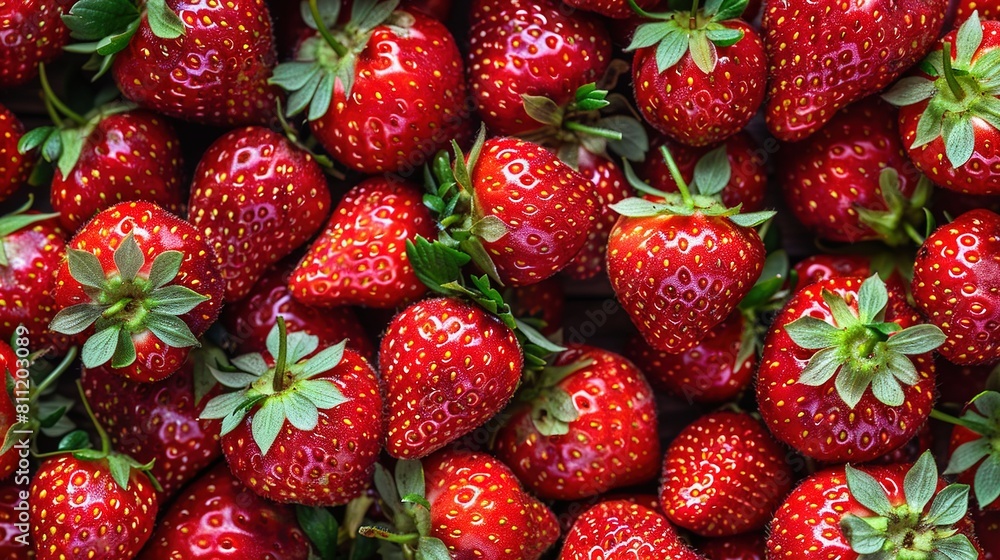 A close-up of strawberries with green leaves on the top and bottom A close-up of strawberries with green leaves on the top and bottom