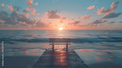 The photo shows a wooden bench on a dock overlooking a calm sea at sunset