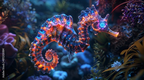 The photo shows the beauty of the ocean. A beautiful seahorse swims gracefully through a colorful coral reef.