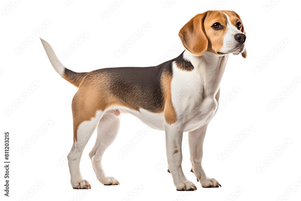 A cute beagle standing on the floor and looking forward with a happy expression on its face.