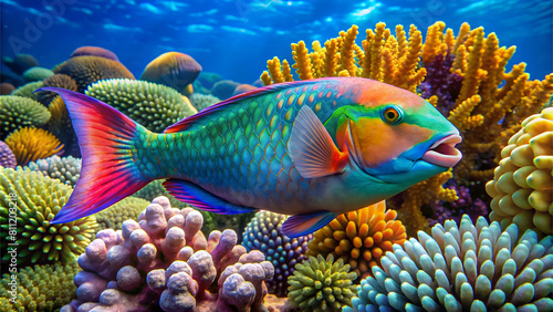 Vivid image of a parrotfish among vibrant corals. Perfect for themes on marine life, underwater beauty, and ecological projects. photo