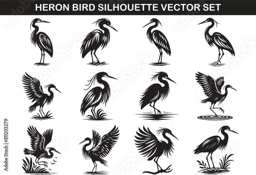 Heron Bird Silhouette Vector Illustration set