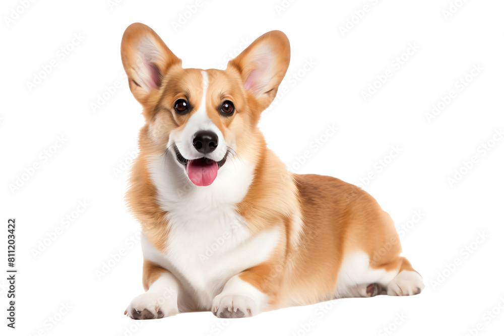 A cute corgi dog is lying down and looking at the camera with a happy expression on its face