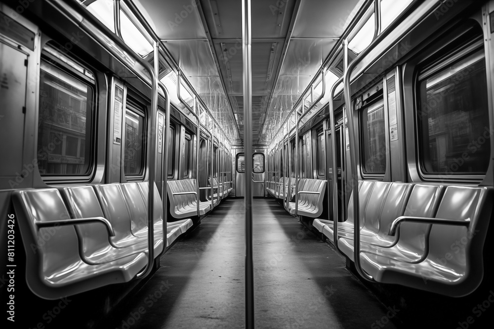 A black and white photo in a subway