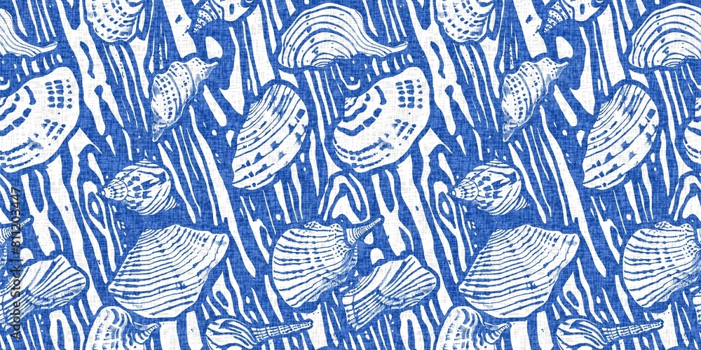 Fototapeta premium Azure blue white shell motif with linen seamless batik border background. Modern coastal beach cottage rustic shell block print home decor pattern design in sealife beach banner style. 